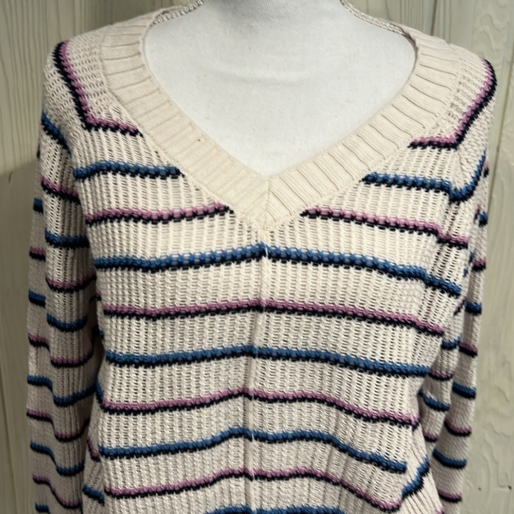 LOFT Cotton V Neck Sweater Beige with stripes Size XL - Picture 2 of 9